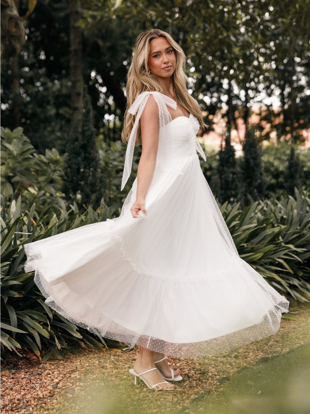 Petal & Pup Ivory Tie-Shoulder Tulle Midi Dress